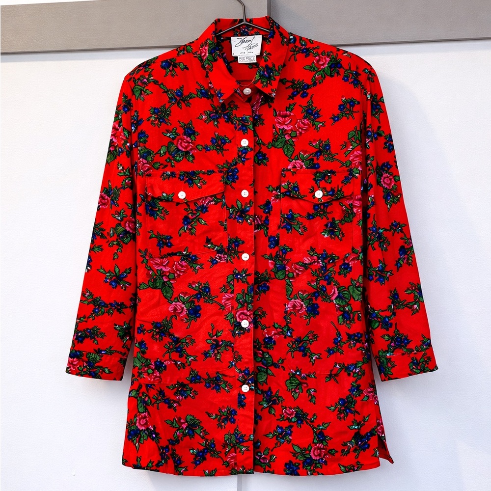 Vintage Diane Harris NY Floral Blouse Red Shoulder Pads Retro Top